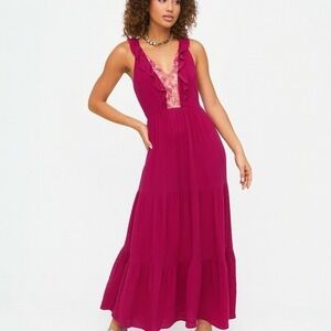 SALONI Suzi Berry Crinkle‎ Crepe Lace Maxi Dress Size 10 NWT